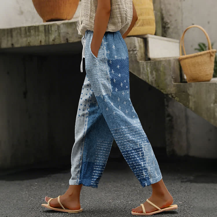 Vintage Patchwork Stitches Pattern Print Casual Pocket Pants  - Dark Blue - US 20 (5XL) - image 1