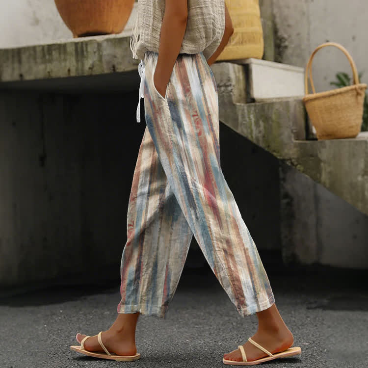 Vintage Minimalist Color Gradient Pattern Print Casual Pocket Pants  - Khaki - US 20 (5XL) - image 1