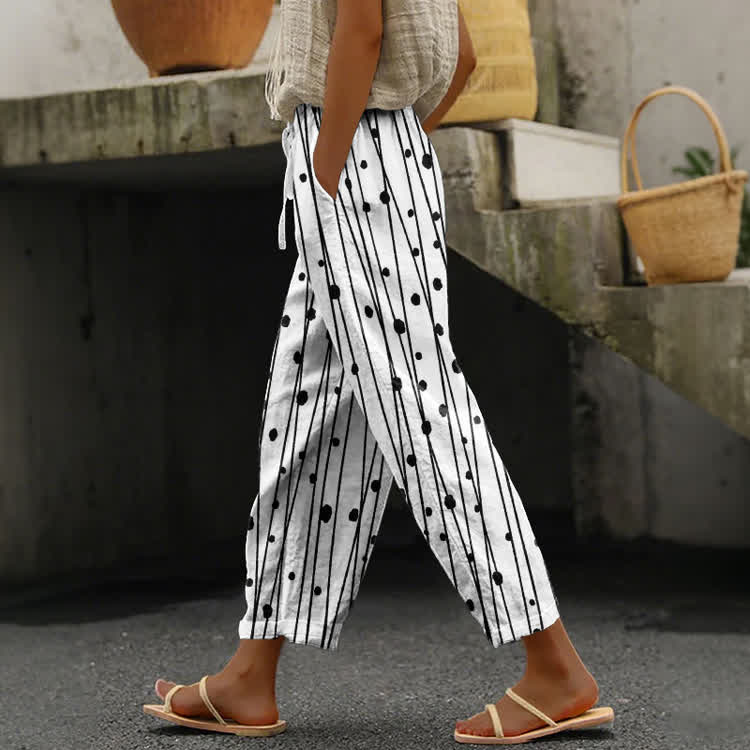 Vintage Ink Polka Dot Stitches Pattern Print Casual Pocket Pants  - White - US 20 (5XL) - image 1