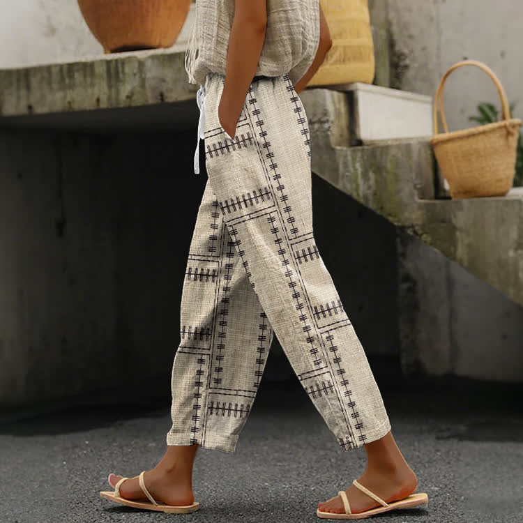 Vintage Stitch Geometry Pattern Print Casual Pocket Pants  - Apricot - US 20 (5XL) - image 1