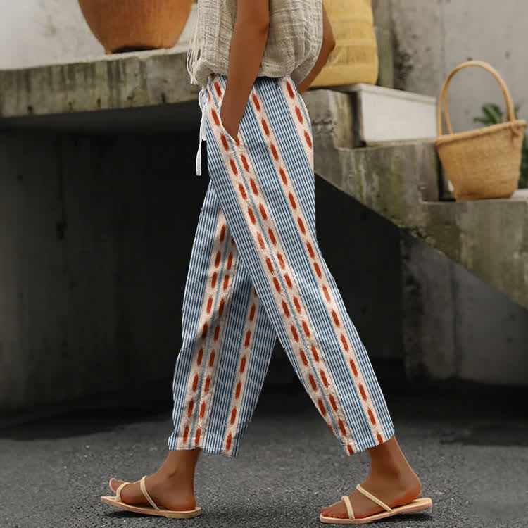 Vintage Contrast Stripes Pattern Print Casual Pocket Pants  - Light Blue - US 20 (5XL) - image 1