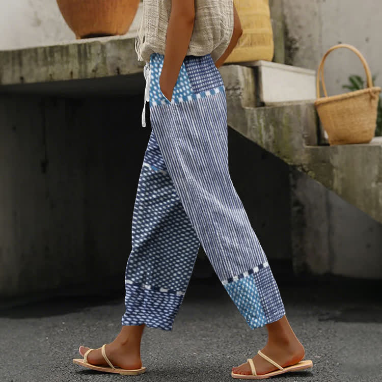Vintage Indigo Lines And Polka Dots Pattern Print Casual Pocket Pants  - Dark Blue - US 20 (5XL) - image 1