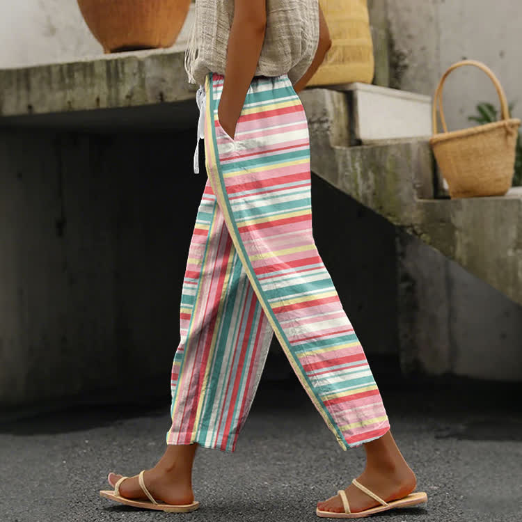 Vintage Colorful Stripes Pattern Print Casual Pocket Pants  - Multicolor - US 20 (5XL) - image 1