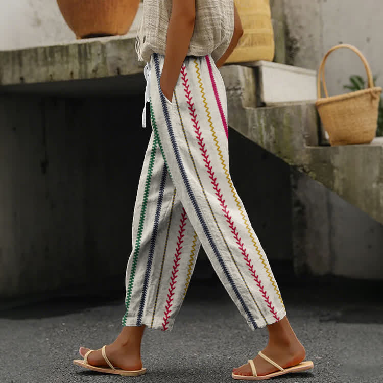 Vintage Colorful Wheat Ear Stitch Pattern Print Casual Pocket Pants  - Beige - US 20 (5XL) - image 1