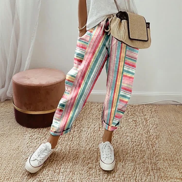 Vintage Colorful Stripes Pattern Print Casual Pocket Pants  - image 2