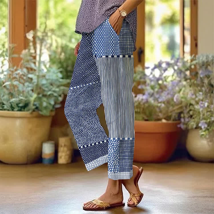 Vintage Indigo Lines And Polka Dots Pattern Print Casual Pocket Pants  - image 2