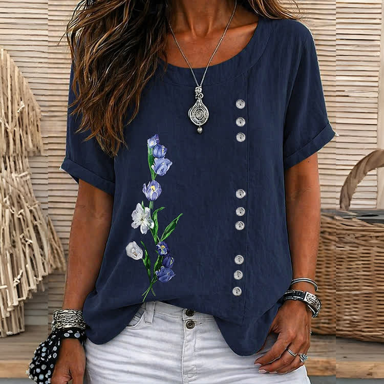 Casual Tulip Art Print Short Sleeve Blouse - Navy Blue - 5XL - image 2