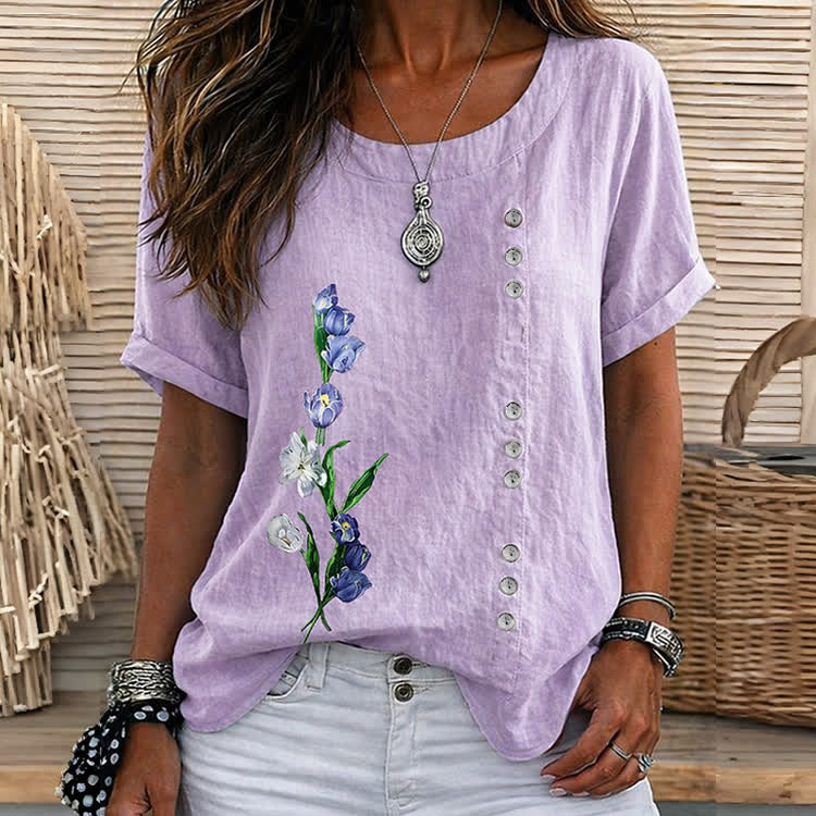 Casual Tulip Art Print Short Sleeve Blouse - Light Purple - 5XL - image 1