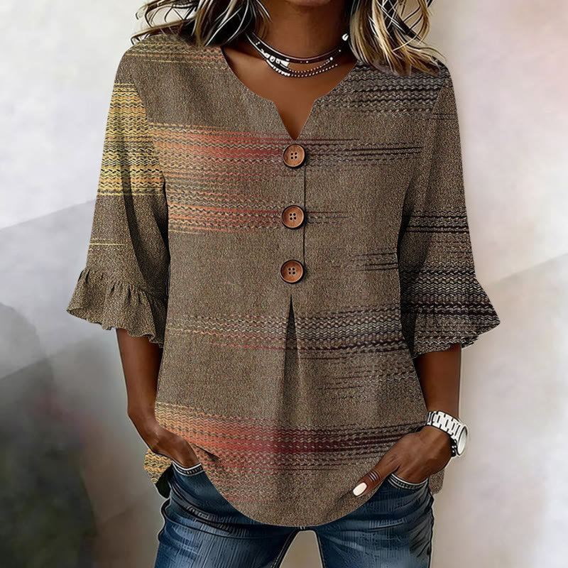 Elegant Gradient Stripes Texture Pattern Print Button V-Neck Blouse With Ruffle Sleeves - Coffee - US32-34(5XL) - image 2