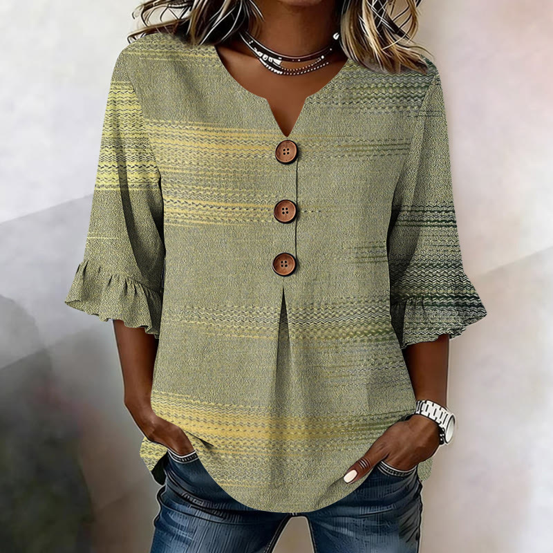 Elegant Gradient Stripes Texture Pattern Print Button V-Neck Blouse With Ruffle Sleeves - Green - US32-34(5XL) - image 1