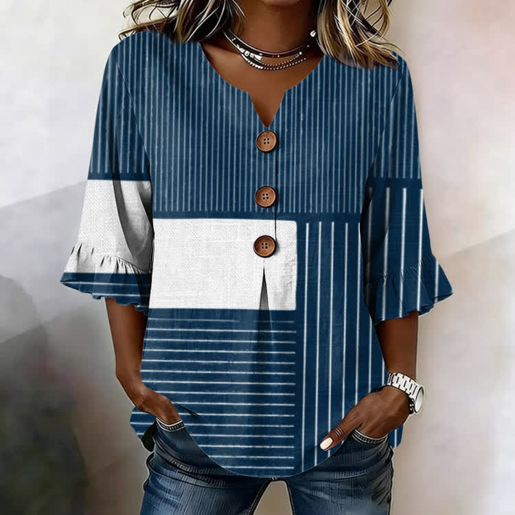 Minimalist Striped Color Blocks Pattern Print Button V-Neck Blouse With Ruffle Sleeves - Blue - US32-34(5XL) - image 2