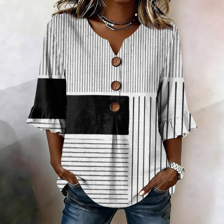 Minimalist Striped Color Blocks Pattern Print Button V-Neck Blouse With Ruffle Sleeves - White - US32-34(5XL) - image 1
