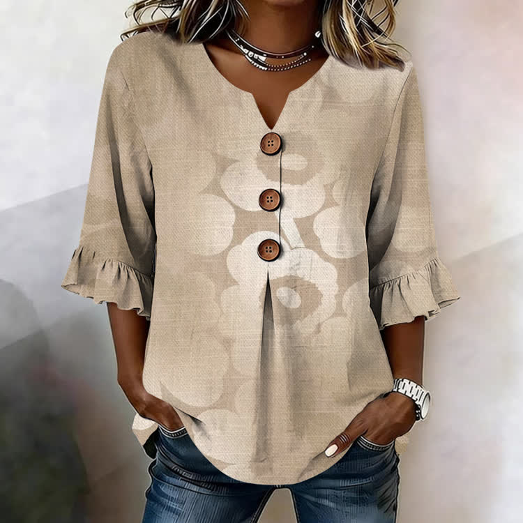 Minimalist Gradient Florals Pattern Print Button V-Neck Blouse With Ruffle Sleeves - Khaki - US32-34(5XL) - image 2