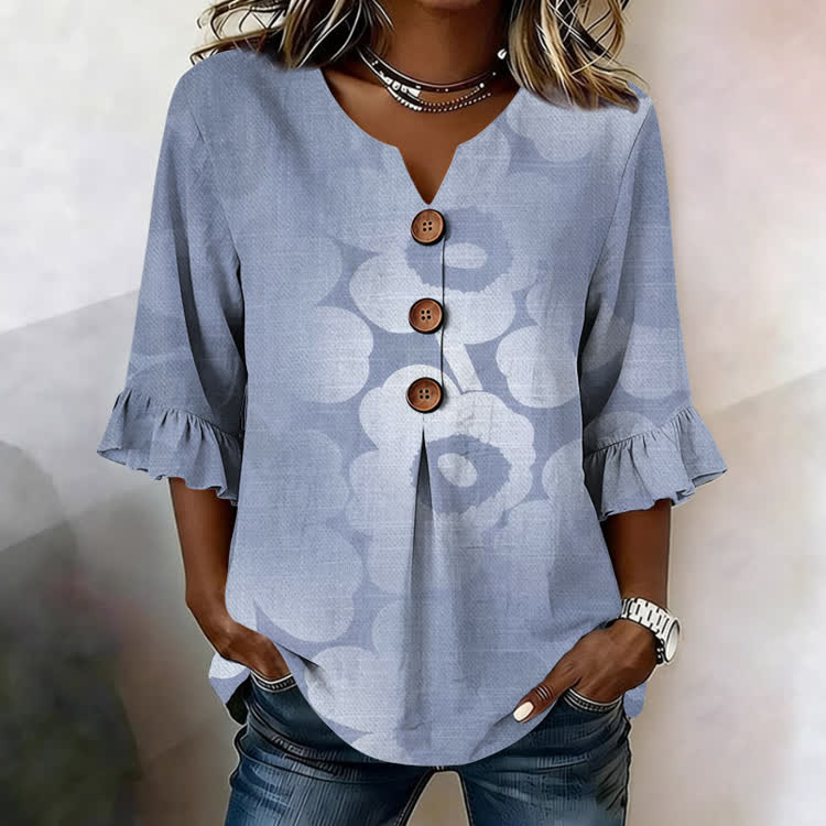 Minimalist Gradient Florals Pattern Print Button V-Neck Blouse With Ruffle Sleeves - Blue - US32-34(5XL) - image 1