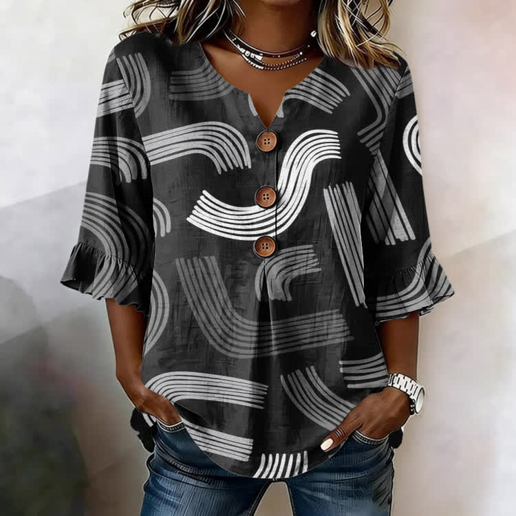 Minimalist Curved Lines Pattern Print Button V-Neck Blouse With Ruffle Sleeves - Black - US32-34(5XL) - image 1