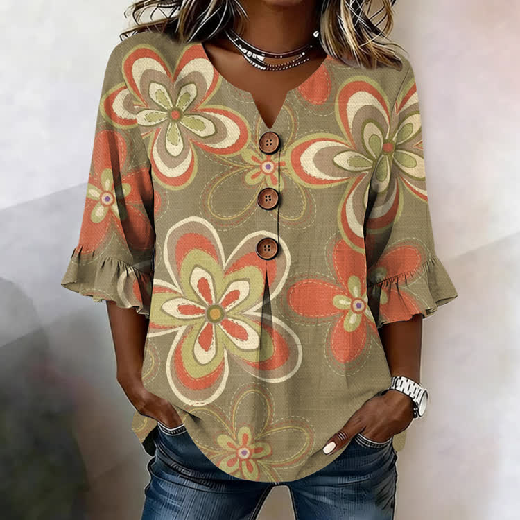 Simple Pastoral Flowers Pattern Print Button V-Neck Blouse With Ruffle Sleeves - Khaki - US32-34(5XL) - image 1
