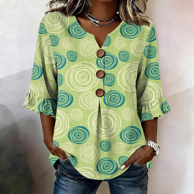 Simple Circles Pattern Print Button V-Neck Blouse With Ruffle Sleeves - Green - US32-34(5XL) - image 1