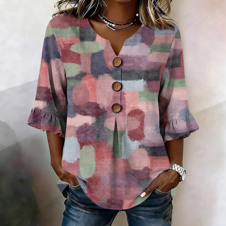 Colorful Oil Paint Brushstrokes Pattern Print Button V-Neck Blouse With Ruffle Sleeves - Pink - US32-34(5XL) - image 1