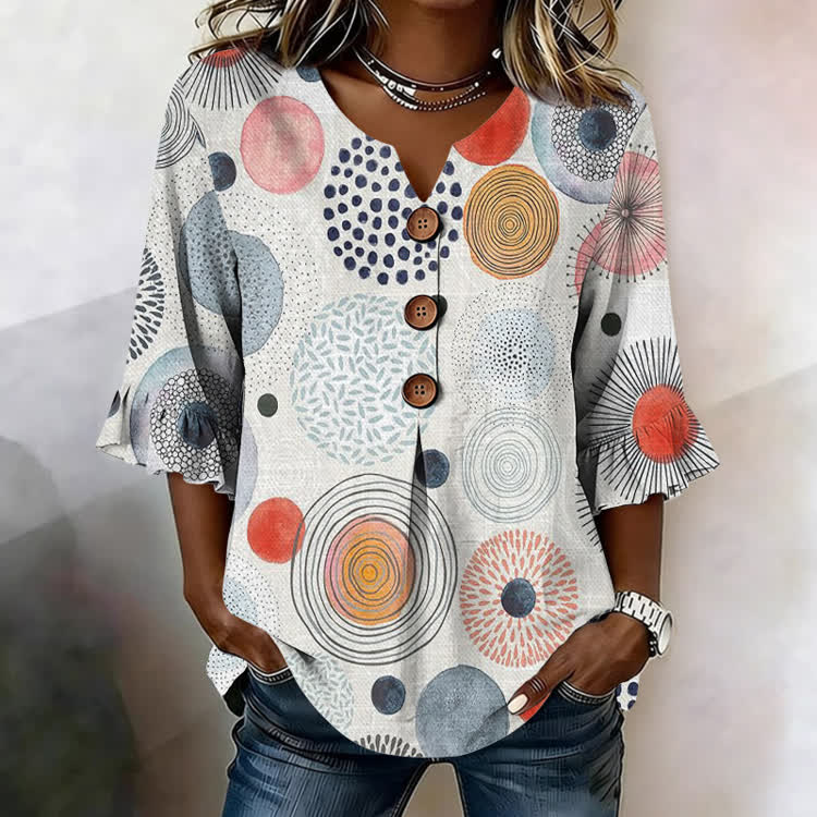 Diverse Dot Circles Pattern Print Button V-Neck Blouse With Ruffle Sleeves - White - US32-34(5XL) - image 1