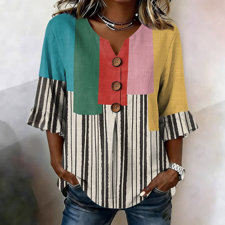 Colored Blocks And Lines Pattern Print Button V-Neck Blouse With Ruffle Sleeves - Beige - US32-34(5XL) - image 1