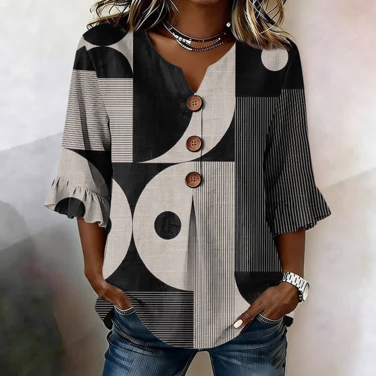 Minimalist Color Block Art Pattern Print Button V-Neck Blouse With Ruffle Sleeves - Black - US32-34(5XL) - image 1