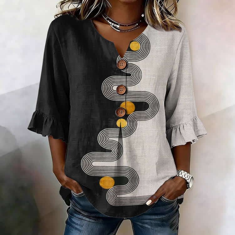 Minimalist Two-Tone Curves Pattern Print Button V-Neck Blouse With Ruffle Sleeves - Black - US32-34(5XL) - image 1