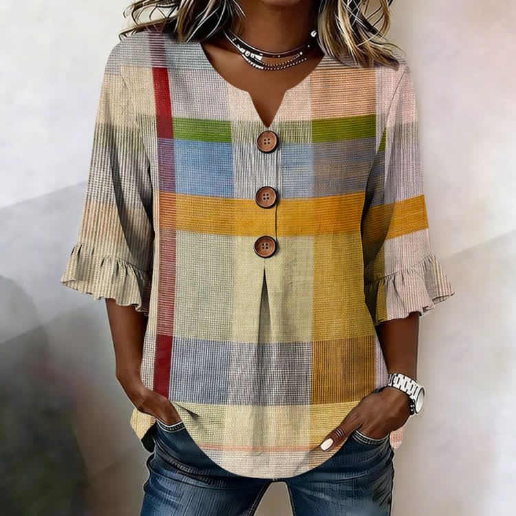 Minimalist Yarn-Dyed Color-Block Stripes Pattern Print Button V-Neck Blouse With Ruffle Sleeves - Yellow - US32-34(5XL) - image 1