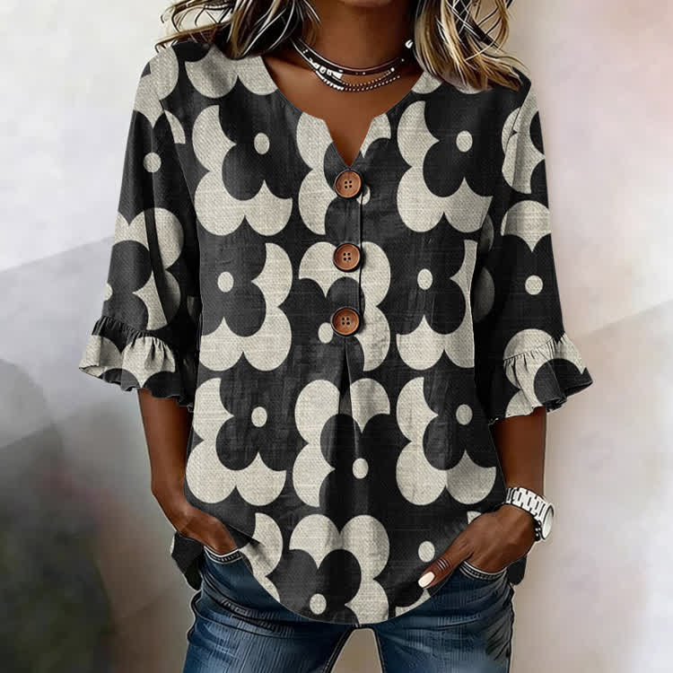 Minimalist Color-Block Florals Pattern Print Button V-Neck Blouse With Ruffle Sleeves - Black - US32-34(5XL) - image 1