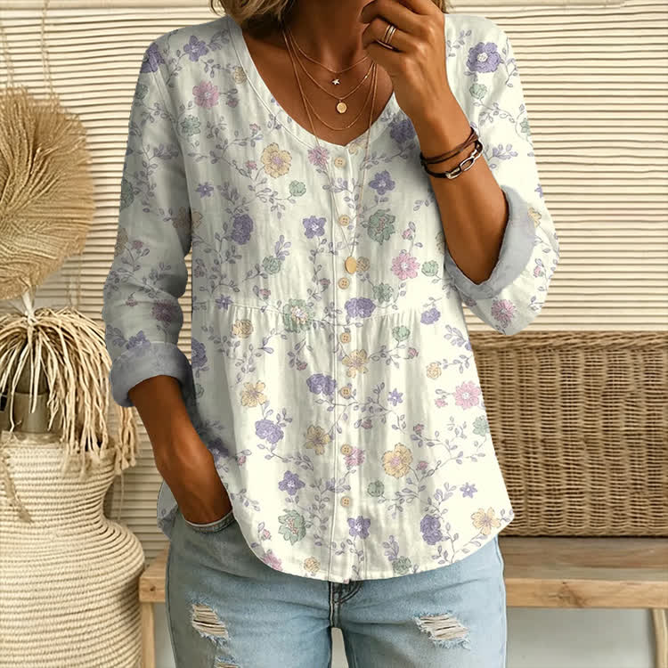 Charming Little Flowers Pattern Print Button V-Neck A-Line Long Sleeve Blouse - White - US 26-28 (4XL) - image 1