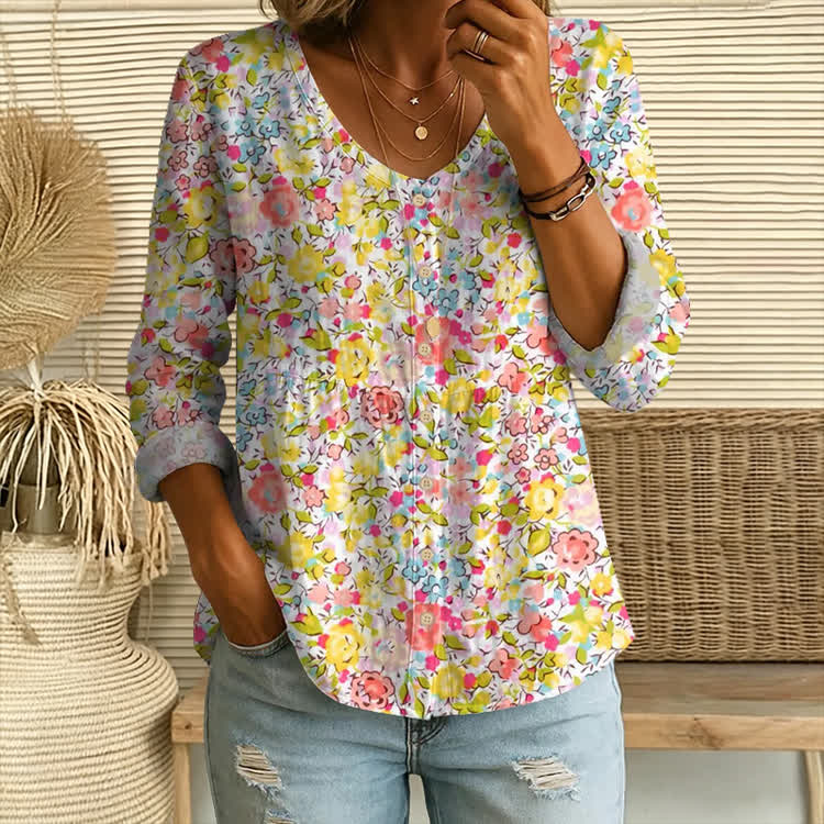 Garden Colorful Flowers Pattern Print Button V-Neck A-Line Long Sleeve Blouse - Yellow - US 26-28 (4XL) - image 1