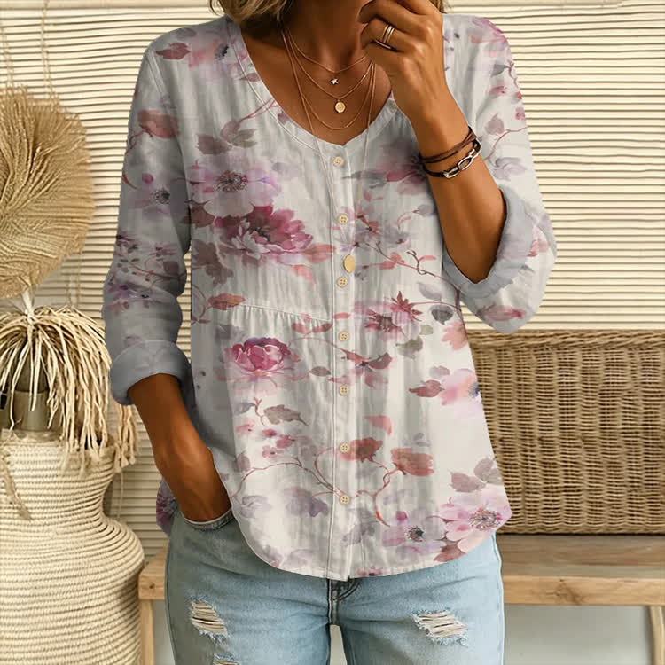 Watercolor Royal Roses Pattern Print Button V-Neck A-Line Long Sleeve Blouse - Pink - US 26-28 (4XL) - image 1