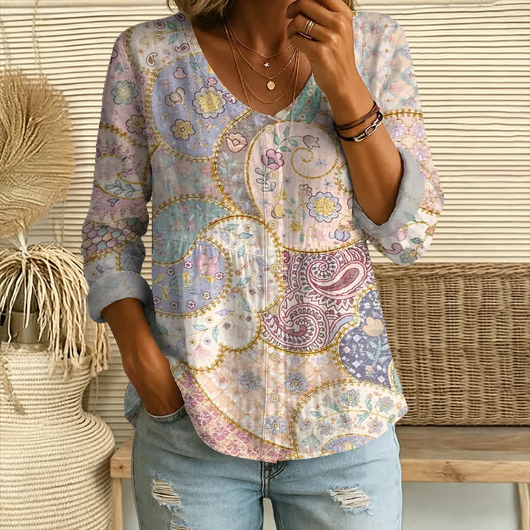 Boho Ethnic Floral Patchwork Pattern Print Button V-Neck A-Line Long Sleeve Blouse - Pink - US 26-28 (4XL) - image 1