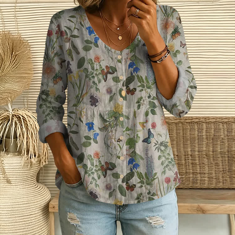 Natrure Plant Butterfly Patchwork Pattern Print Button V-Neck A-Line Long Sleeve Blouse - Light Gray - US 26-28 (4XL) - image 1