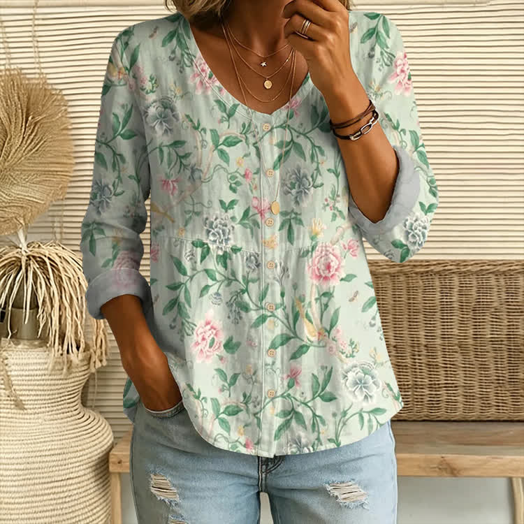 Spring Flowers Pattern Print Button V-Neck A-Line Long Sleeve Blouse - Light Green - US 26-28 (4XL) - image 1