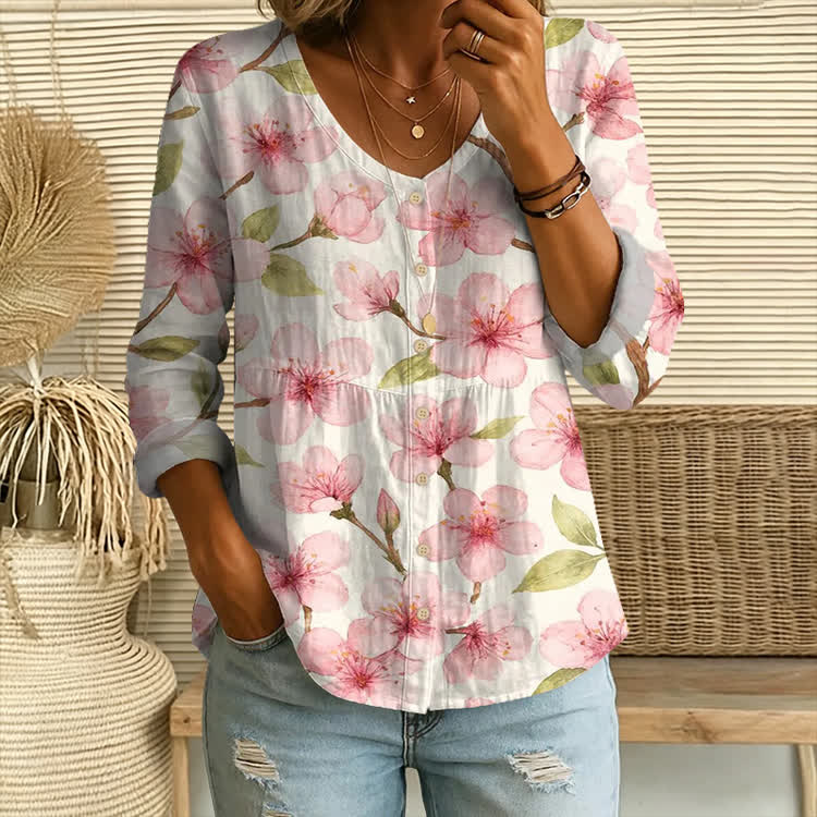 Watercolor Peach Blossoms Pattern Print Button V-Neck A-Line Long Sleeve Blouse - Pink - US 26-28 (4XL) - image 1