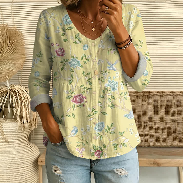 Classic Flowers And Birds Pattern Print Button V-Neck A-Line Long Sleeve Blouse - Yellow - US 26-28 (4XL) - image 1