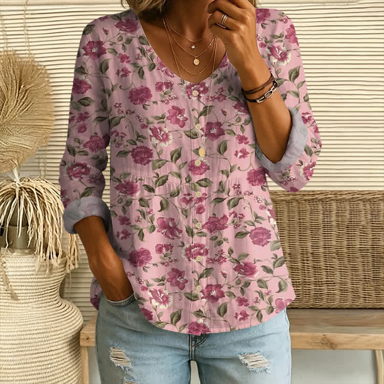 Spring Blossoms Pattern Print Button V-Neck A-Line Long Sleeve Blouse - Pink - US 26-28 (4XL) - image 1