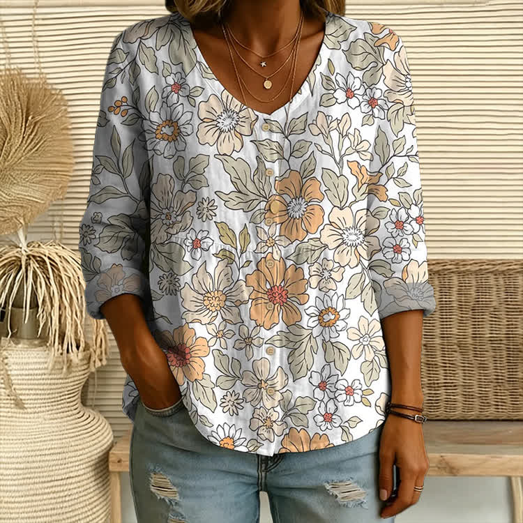 Pastoral Line Art Flowers Pattern Print Button V-Neck A-Line Long Sleeve Blouse - Orange - US 26-28 (4XL) - image 1