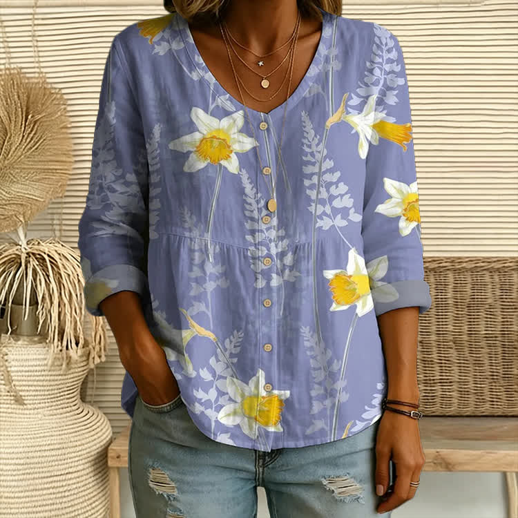 Ferns And Flowers Pattern Print Button V-Neck A-Line Long Sleeve Blouse - Blue - US 26-28 (4XL) - image 1