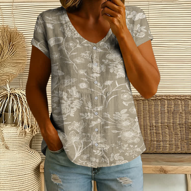 Plant And Flower Silhouettes Pattern Print Button V-neck A-line Short-sleeve Blouse - Khaki - 4XL - image 2