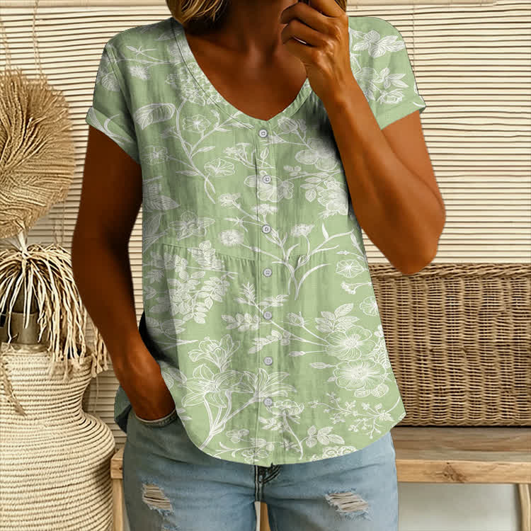 Plant And Flower Silhouettes Pattern Print Button V-neck A-line Short-sleeve Blouse - Light Green - 4XL - image 1