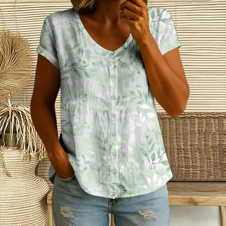 Watercolor Leaves In Sunlight Pattern Print Button V-neck A-line Short-sleeve Blouse - Light Green - 4XL - image 1