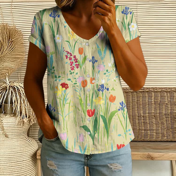 Floral Jacquard Pattern Print Button V-neck A-line Short-sleeve Blouse - Light Green - 4XL - image 2