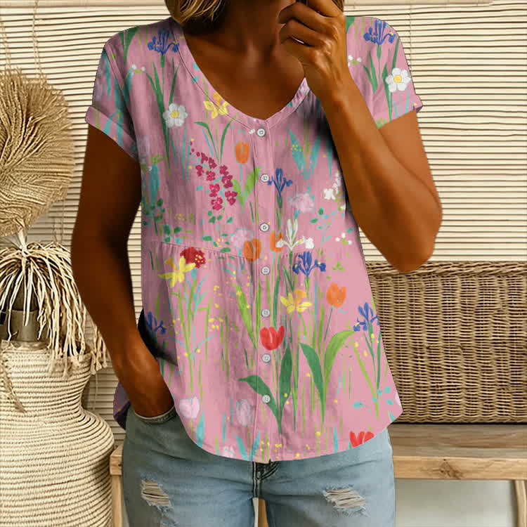 Floral Jacquard Pattern Print Button V-neck A-line Short-sleeve Blouse - Pink - 4XL - image 1