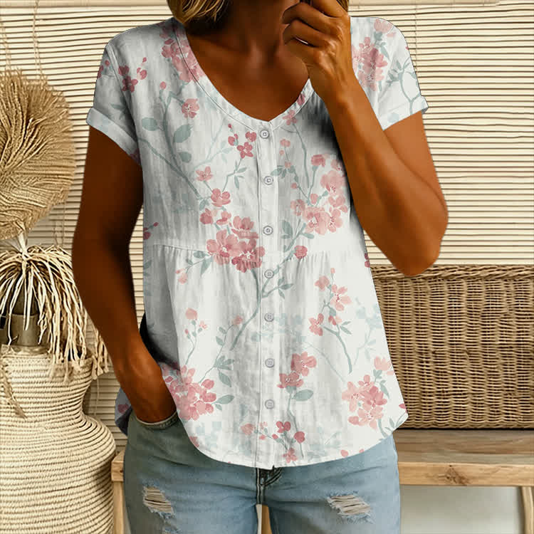 Watercolor Spring Plum Blossoms Pattern Print Button V-Neck A-line Short-Sleeve Blouse - White - 4XL - image 2