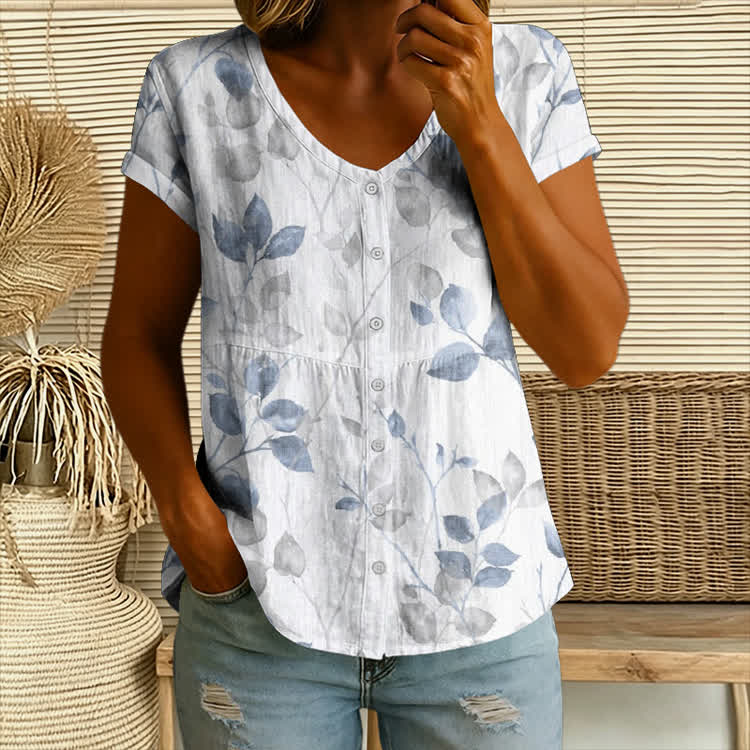 Watercolor Tea Leaves Pattern Print Button V-neck A-line Short-sleeve Blouse - White - 4XL - image 1