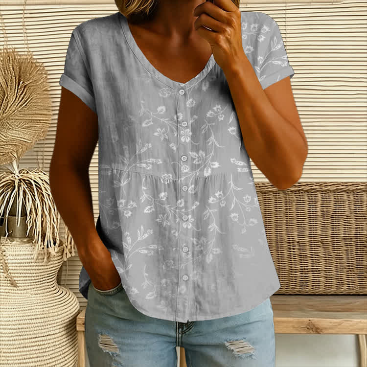 Elegant Gradient Vine With Small Flowers Pattern Print Button V-neck A-line Short-sleeve Blouse - Grey - 4XL - image 2