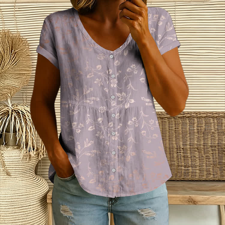 Elegant Gradient Vine With Small Flowers Pattern Print Button V-neck A-line Short-sleeve Blouse - Pink - 4XL - image 1