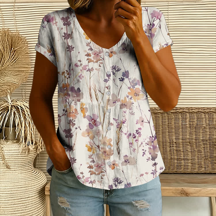 Watercolor Dried Flowers Pattern Print Button V-neck A-line Short-sleeve Blouse - Apricot - 4XL - image 1