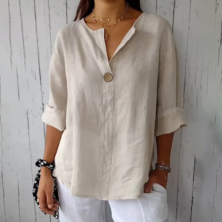Elegant Solid Button V-neck 3/4-sleeve Blouse - Apricot - 5XL - image 1